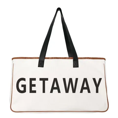 Large Capacity Canvas Tote Bag For Women Letter Print Beach Handbag With Faux Leather Trim Casual Travel Shoulder Bag