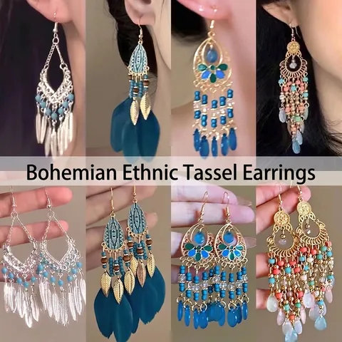 Böhmische Ethno Legierung Feder Blatt Ohrhänger Vintage Tropföl Wassertropfen Quasten Ohrringe Für Damen Urlaub Schmuck