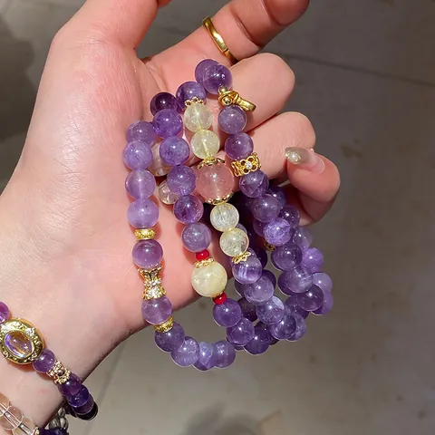 Purple Phantom Strawberry Quartz Crystal Beaded Bracelet Stacked Elegant Sweet High-End Women Jewelry Set With Alloy Charms Gift