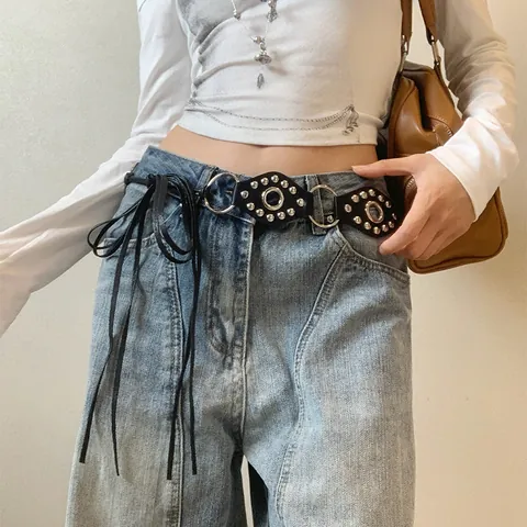 Women Vintage Punk Faux Leather Waist Belt Geometric Oval Patchwork Rivet Studded Metal Ring Link Lace-Up Tassel Corset Belt Waist Chain Accessories