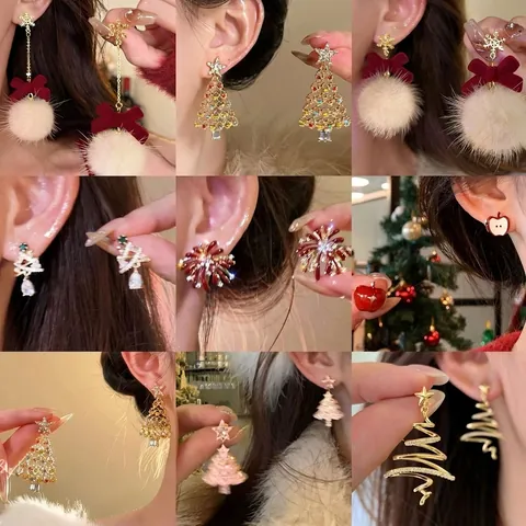Alloy Rhinestone Artificial Pearl Christmas Stud Earrings With Silver Earring Post Snowflake Bowknot Festive Jewelry Women
