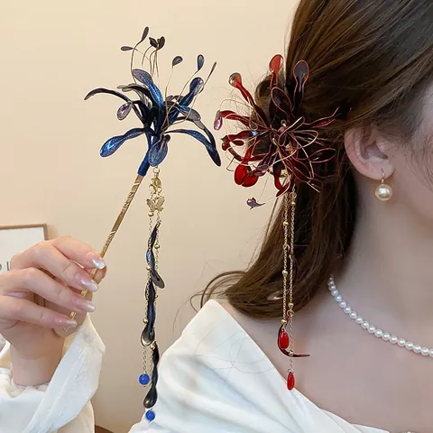 Vintage Alloy Spider Lily Tassel Hairpin Elegant Enamel Floral Hair Stick For Women Hanfu Wedding Party Hair Jewelry