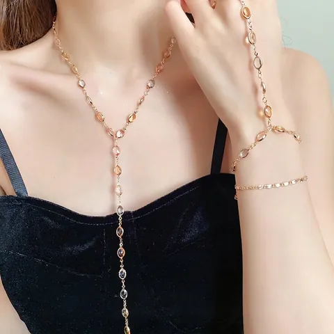 Vintage Resin Oval Tassel Necklace For Women Gold Alloy Colorful Fashion Neck Jewelry Ring-Linked Hand Chain Bracelet