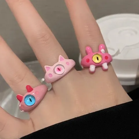 Quirky Cartoon Monster Eyes Adjustable Open Ring For Women Girls Fashion Y2K Enamel Animal Cat Rabbit Finger Jewelry Gift