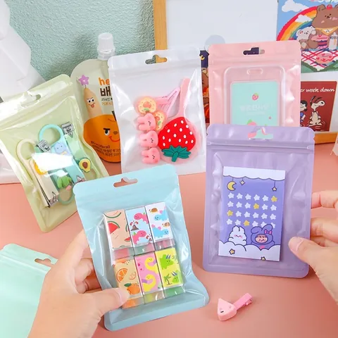 Sachet Zip Couleur Macaron pour Emballage de Bijoux Fenêtre Transparente Pochette de Rangement Avec Trou de Suspension Protection de Petites Cartes