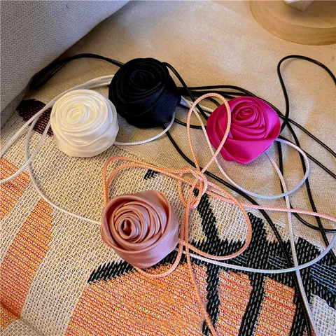French Vintage Fabric Rose Flower Choker Necklace For Women Artificial Pearl Decorative Ribbon Choker Sweet Romantic Valentine Jewelry