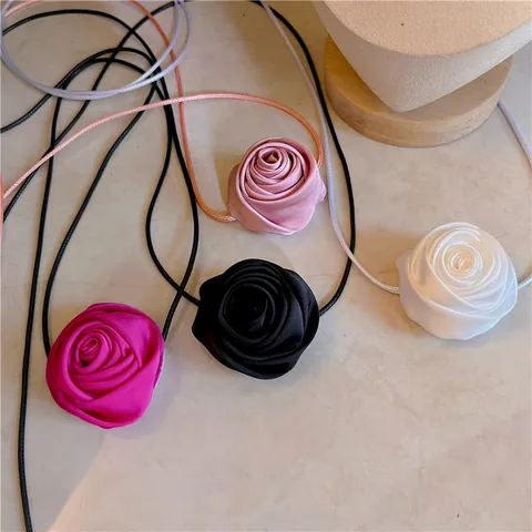 French Vintage Fabric Rose Flower Choker Necklace For Women Artificial Pearl Decorative Ribbon Choker Sweet Romantic Valentine Jewelry