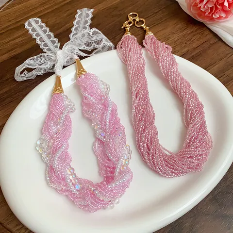 Elegant Glass Bead Artificial Pearl Multi-layer Choker Necklace Handmade Lace Bow Sweet Wedding Party Jewelry For Women