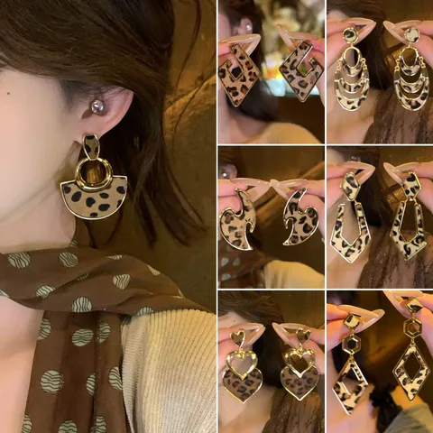 Boucles d'Oreilles Cœur Imprimé Léopard Style Maillard Vintage Boucles d'Oreilles Géométriques en Alliage Avec Tige en Argent Sterling 925 Femme