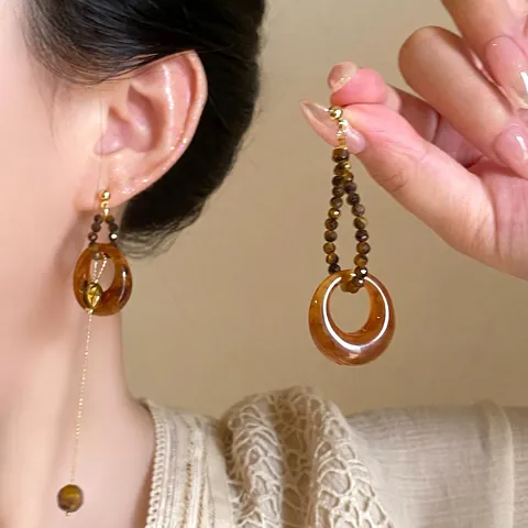 Vintage Geometric Resin Drop Earrings With 925 Sterling Silver Earring Post Retro Leopard Amber Flower For Women