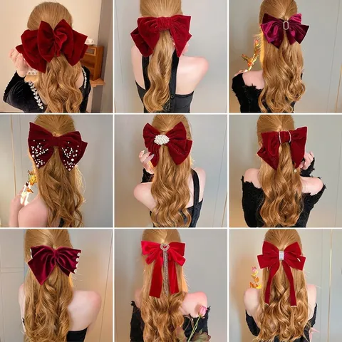 Korean Style Velvet Bow Hair Clip with Long Artificial Pearl Tassels and Heart Rhinestones Elegant Spring Clip Hair Accessories for Women
