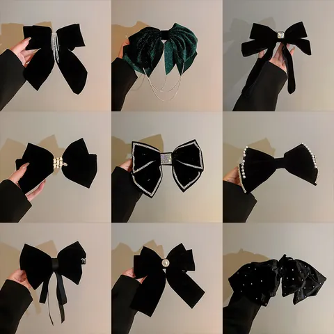 Korean Style Velvet Bow Hair Clip with Long Artificial Pearl Tassels and Heart Rhinestones Elegant Spring Clip Hair Accessories for Women