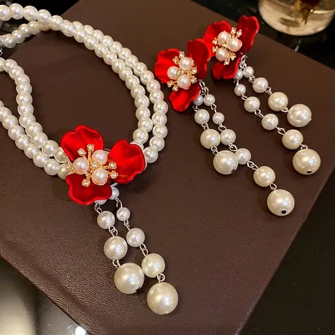 Vintage Palace Red Flower Artificial Pearl Jewelry Set Rhinestone Double Layer Necklace Long Tassel Drop Earrings For Women