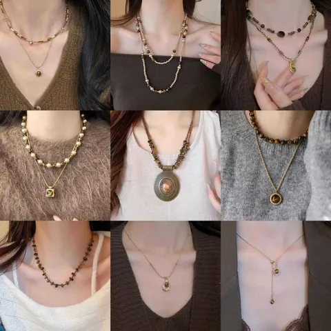 Collana con Pendente in Pietra Occhio di Tigre Stile Palazzo Vintage Catena a Maglia di Perline in Lega Eleganti Gioielli da Donna