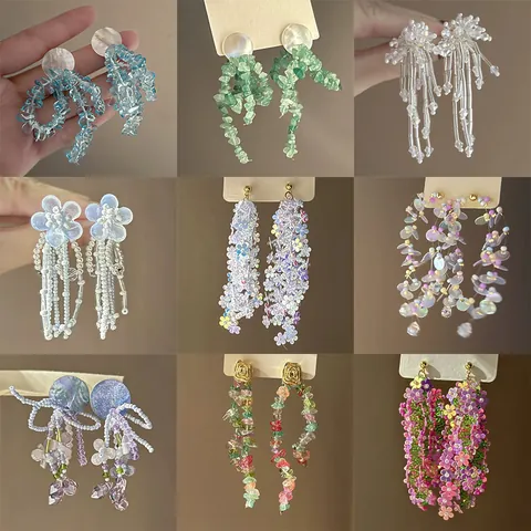 Boucles d'Oreilles Pendantes Fleurs à Franges Faites à la Main Tige en Argent Cuivre Perles Paillettes Bijoux Femme