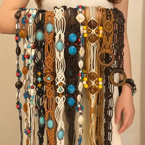 Bohemian Wood Bead Woven Hemp Rope Waist Chain Retro Ethnic Niche Body Chain Jewelry For Women Summer Beach Vacation Accessory