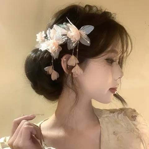 Eleganter Stoff Blume Künstliche Perle Quaste Haarklammer Für Damen Chinesischer Stil Floral Schnabelspange Fee Haarschmuck Kopfschmuck Geschenk