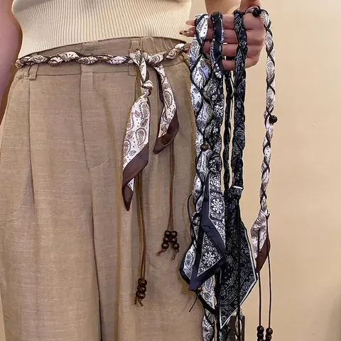 Koreanischer Stil Satin Schal Geflochtene Taillenkette Mit Holzperlen Paisley Muster Quasten Gürtel Für Damen Dekorative Accessoires