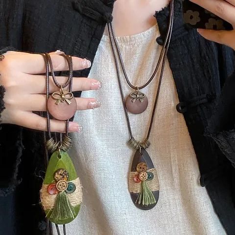 Boho Etnische Strik Druppel Hanger Halsketting Voor Dames Vintage Lange Truiketting Met Kwastje En Knoop Decoratie Sieraden Cadeau