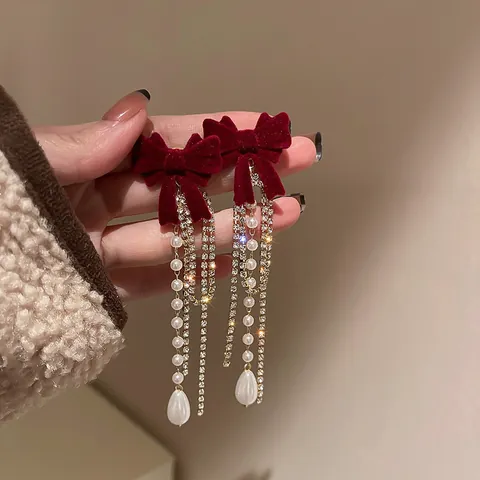 Wine Red Flocked Bow Pearl Tassel Earrings For Women Elegant Rhinestone Flower Rose Stud Earrings Vintage Jewelry Gift