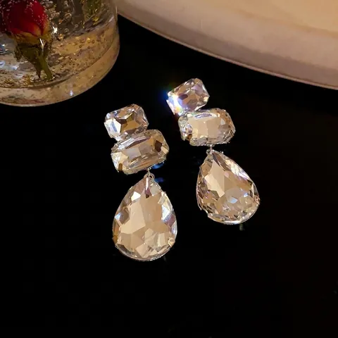 Luxury Copper Rhinestone Square Teardrop Tassel Stud Earrings With Silver Earring Post Vintage Fashion Statement Earrings For Women Party Jewelry