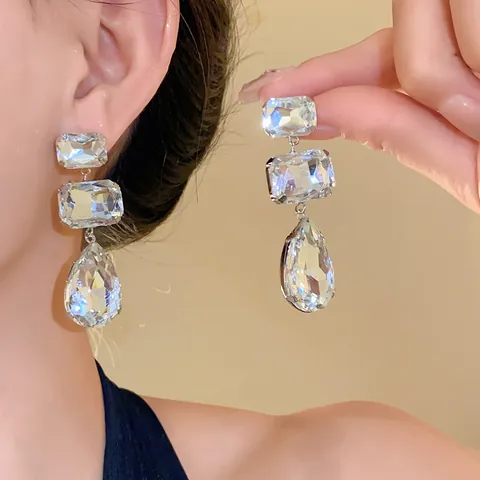 Luxury Copper Rhinestone Square Teardrop Tassel Stud Earrings With Silver Earring Post Vintage Fashion Statement Earrings For Women Party Jewelry