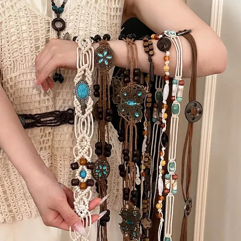 Catena da Vita Intrecciata Boho Fatta a Mano per Donna Cintura Decorativa Vintage con Perline di Legno Conchiglia e Turchese