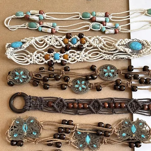 Catena da Vita Intrecciata Boho Fatta a Mano per Donna Cintura Decorativa Vintage con Perline di Legno Conchiglia e Turchese