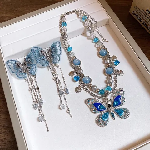 Fairy Blue Embroidery Butterfly Tassel Earrings And Pendant Necklace Alloy Rhinestone Jewelry For Women Sweet Accessory