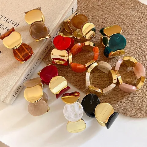 Acrylic Round Patchwork Elastic Bracelet Women European Oversized Fashion Jewelry Gold Plated Marble Pattern Link Chain Bangle