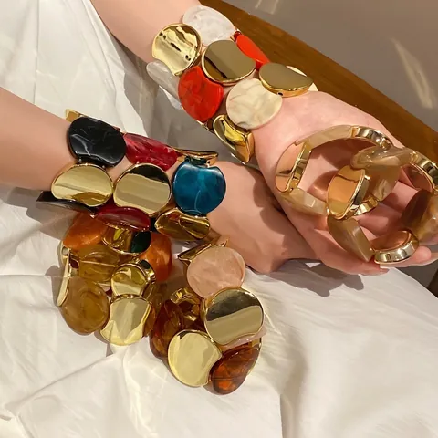 Acrylic Round Patchwork Elastic Bracelet Women European Oversized Fashion Jewelry Gold Plated Marble Pattern Link Chain Bangle