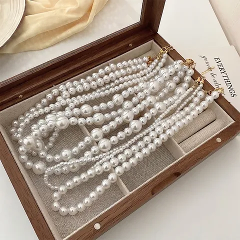 Vintage Minimalist Artificial Pearl Necklace For Women Alloy Geometric Fashion Jewelry Elegant Round Bead Chain Claver Choker Gift