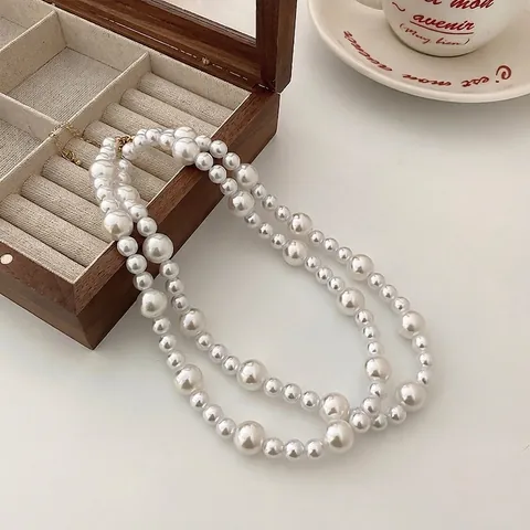 Vintage Minimalist Artificial Pearl Necklace For Women Alloy Geometric Fashion Jewelry Elegant Round Bead Chain Claver Choker Gift