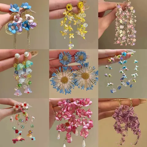Pendientes de Botón con Flores de Tela y Borlas Con Poste de Plata de Ley 925 Perla Artificial Gota de Agua Joyería de Vacaciones