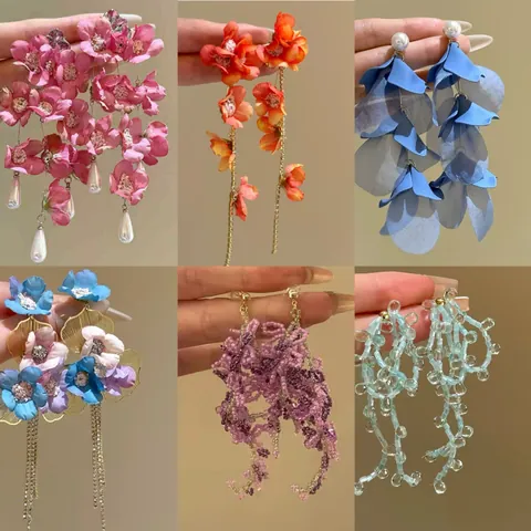 Pendientes de Botón con Flores de Tela y Borlas Con Poste de Plata de Ley 925 Perla Artificial Gota de Agua Joyería de Vacaciones