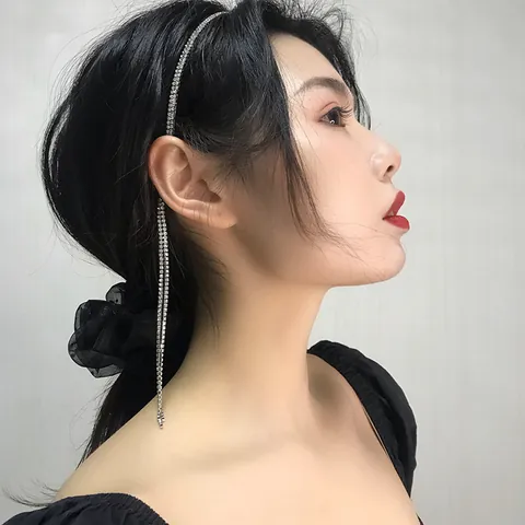 Serre-tête Long Gland en Strass pour Femmes Style Coréen Fée Alliage Argent Bandeau de Cheveux Avec Perle Artificielle Bijoux Coiffe