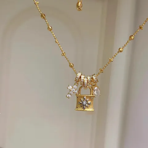 Elegant Copper Zircon Lock Cross Pendant Necklace Chic Flower Padlock Key Charms Jewelry For Women
