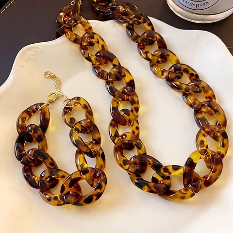 Parure Collier et Bracelet à Grosse Chaîne en Acrylique Imprimé Léopard Vintage Alliage Plaqué Or Bijoux pour Femmes