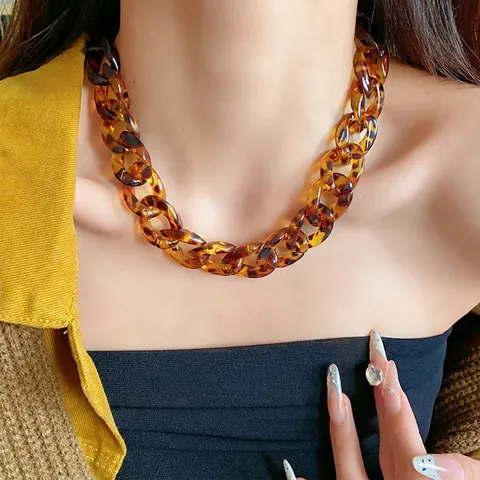 Parure Collier et Bracelet à Grosse Chaîne en Acrylique Imprimé Léopard Vintage Alliage Plaqué Or Bijoux pour Femmes