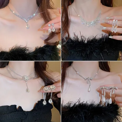 Elegant Legering Strass Kwastje Ketting En Oorbellen Set Voor Vrouwen Luxe Avondfeest Sieraden Met 925 Sterling Zilver Stift