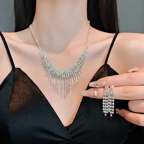 Elegant Legering Strass Kwastje Ketting En Oorbellen Set Voor Vrouwen Luxe Avondfeest Sieraden Met 925 Sterling Zilver Stift