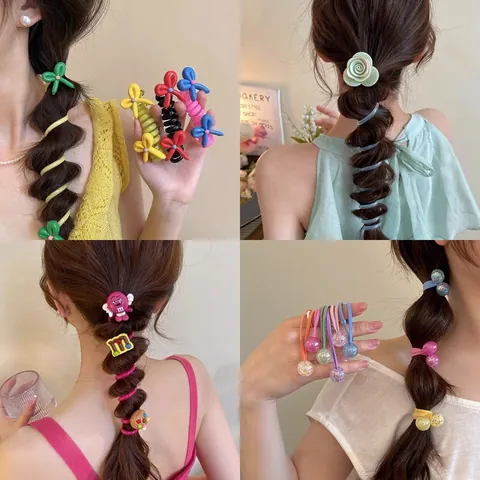 Sweet Bubble Braid Telephone Wire Hair Ring Cute Flower Cartoon M-Bean Style Spiral Elastic Hair Band For Women Girls Hair Accessories