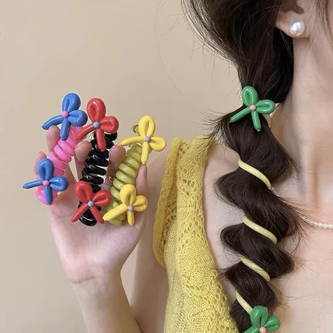Sweet Bubble Braid Telephone Wire Hair Ring Cute Flower Cartoon M-Bean Style Spiral Elastic Hair Band For Women Girls Hair Accessories