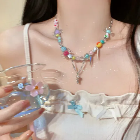 Colorful Y2K Candy Bow Tassel Necklace For Women Alloy Beaded Heart Camellia Flower Clavicle Chain Sweet Cool Style Trendy Jewelry
