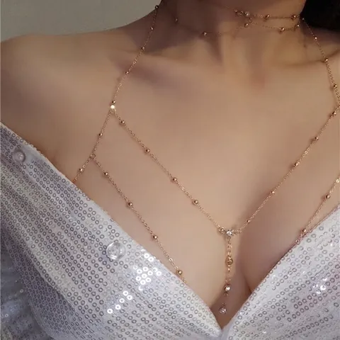 Sexy Rhinestone Body Chain For Women Gold Silver Plated Alloy Waist Belly Chain Jewelry Beach Bikini Chest Chain Layered Shoulder Link Necklace Party Accessory