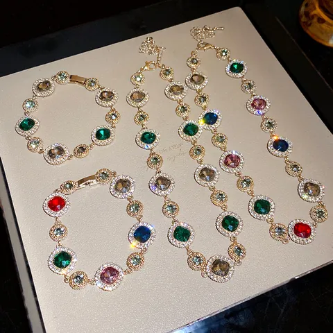 Vintage Palace Style Alloy Rhinestone Round Necklace And Bracelet Luxury Colorful Glass Stone Jewelry For Women