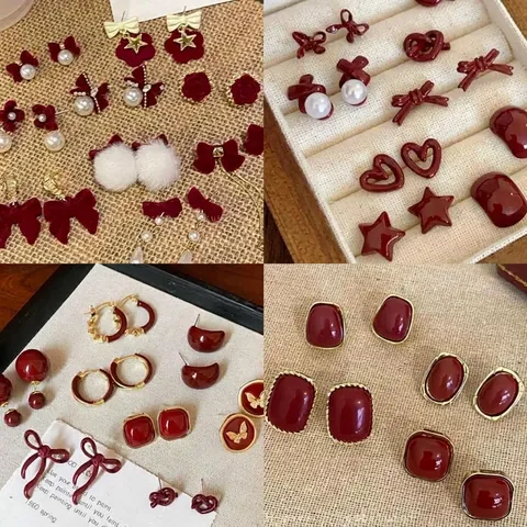 Pendientes de Botón Vintage con Lazo de Flores Rojo Ancor para Mujer Joyas de Moda en Aleación Chapada en Oro con Strass y Esmalte