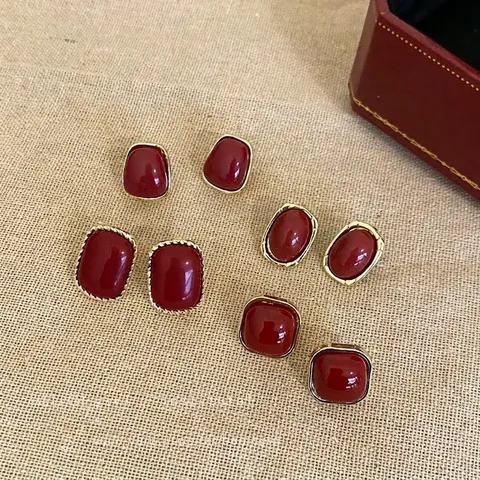 Pendientes de Botón Vintage con Lazo de Flores Rojo Ancor para Mujer Joyas de Moda en Aleación Chapada en Oro con Strass y Esmalte