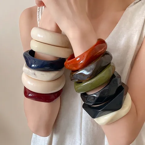 Vintage Acrylic Bangle Bracelet For Women Geometric Open Cuff Bracelet Fashion Marbled Pattern Jewelry Trendy Chunky Wrist Band Accessory