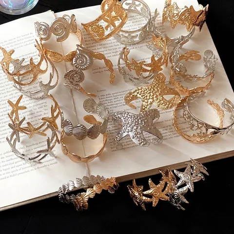 Vintage IJzeren Schelp Textuur Open Armring Voor Vrouwen Minimalistische Mode Metaal Zeeschelp Zeester Cuff Armband Sieraden
